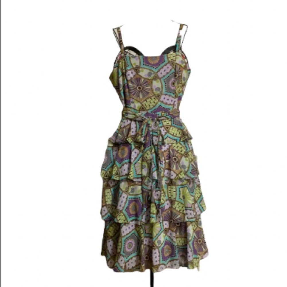 SCARLETT TIERED SLEEVELESS DRESS WITH RETRO PRINT DESIGN Sz 8